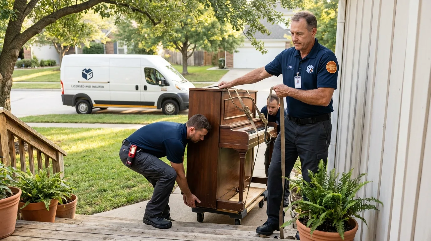 Licensed piano movers securing grand piano in Johnson, KS
