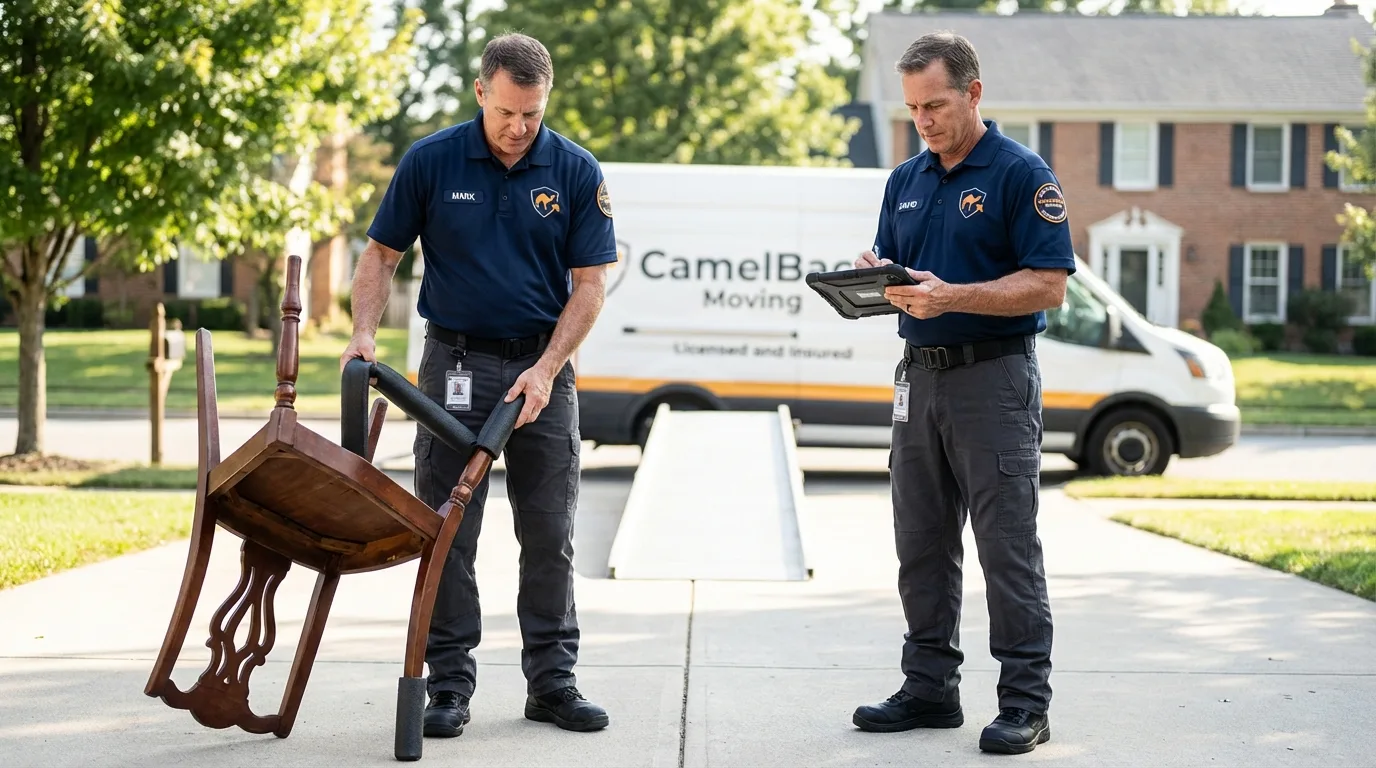 Movers inspecting furniture for damage prevention before loading in Johnson, KS